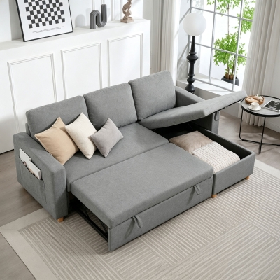 HOMCOM 83" Sofa Bed, Pull Out Sleeper L Shaped Sectional Couch with Reversible Storage Chaise, Wide and Deep Seat, Light Grey