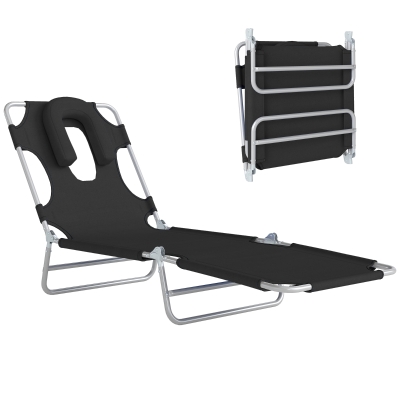 Outsunny Folding Lounge Chair Outdoor, Tanning Chair with Face Hole Arm Slots, Beach Chaise Lounger with Pillow, 5-Position Adjustable Portable Sun Lounger Bed for Pool, Black