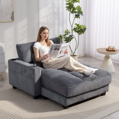 HOMCOM 58" Chaise Lounge Indoor, Oversized Corduroy Sofa Bed with 2 Cup Holders, Pillow, Deep Seat Sleeper Couch, Dark Grey