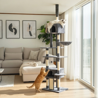 PawHut 91"-98" Floor to Ceiling Cat Tree with 2 Condos, Hammock and Sisal Scratching Posts, for Indoor, Dark Grey