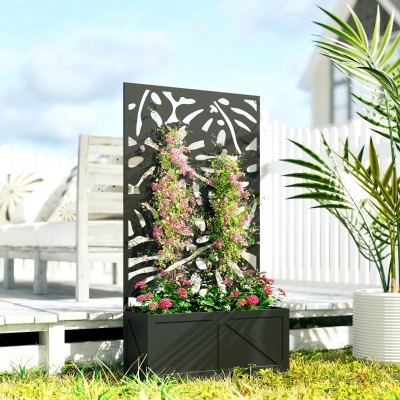 Outsunny Metal Raised Garden Bed with Trellis for Climbing Plants, Freestanding or Wall Mounted Flower Bed with Privacy Panel