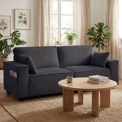 HOMCOM 86" 3 Seater Sofa, Modern Corduroy Upholstered Couch, Dark Grey