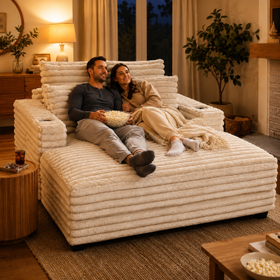 HOMCOM 60" Chaise Lounge Chair, Oversized Upholstered Sofa Bed with Cup Holders & Pillows, Sleeper Couch for Living Room, Beige
