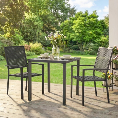 Outsunny Stackable Patio Chairs Set of 2, Outdoor Dining Chairs with Faux Wicker Steel Mesh Back, Slatted Seat, Armrests, Black