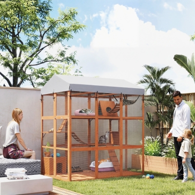 PawHut 81"H Catio Outdoor with Floor to Prevent Escaping & Easy Cleaning, for 2-4 Cats Kittens, Orange