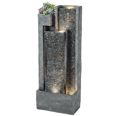 Outsunny Outdoor Water Fountain with LED Lights and Planter, 3-Tier Modern Cascading Waterfall Feature with Pump, Dark Grey