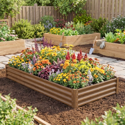 Outsunny 8 x 4 x 1ft Galvanized Raised Garden Bed, Reinforced Outdoor Planter Box with Open Bottom, Distressed Brown