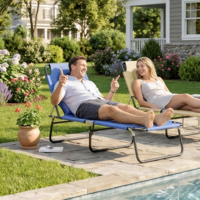 Outsunny Folding Chaise Lounge Chair, Reclining Beach Tanning Chair with Face Hole, Pillow, 4-Position Adjustable Lay Flat Sun Lounger, Steel Frame for Outdoor Patio Pool, Blue