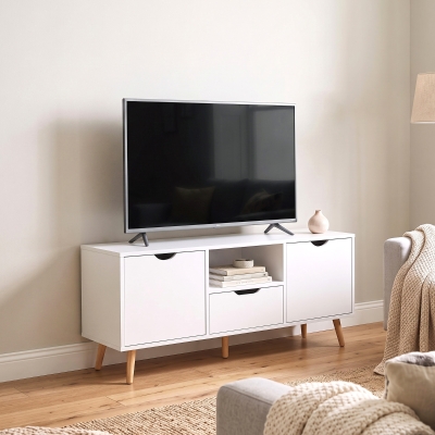 HOMCOM TV Stand with Storage for up to 50" TV, Modern TV Table with Open Shelf, Drawer and 2 Cabinets, White