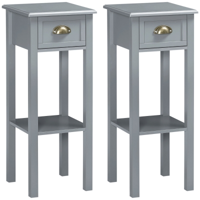 HOMCOM Bedside Table Set of 2, Narrow Side Table with Drawer and Shelf, 2 Tier Tall Nightstand for Bedroom, Grey