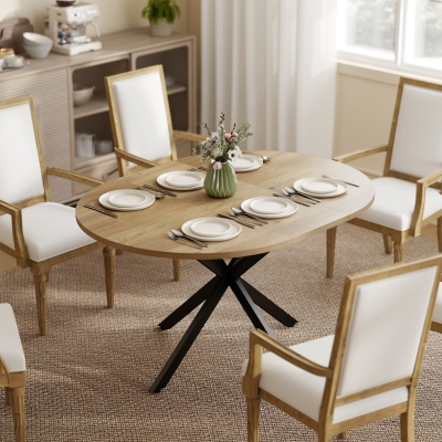HOMCOM 39.5"-53" Extendable Dining Table for 4-6, Industrial Kitchen Table with Butterfly Leaf and X-Shape Base, Natural Wood