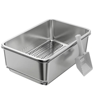 PawHut Stainless Steel Litter Box, XL Sifting Cat Litter Box for Medium and Large Cat, Non-Sticky, Odour Free, Easy Clean