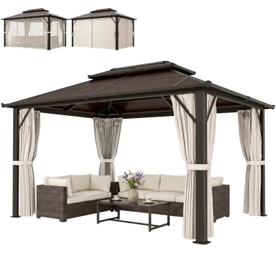 Outsunny 10' x 13' Hardtop Gazebo Canopy with UPF30+ Double Polycarbonate Roof, Aluminum Frame, Netting and Curtains, Beige