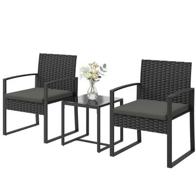 Outsunny Outdoor Bistro Set, 3 Piece Wicker Patio Furniture Set with Glass Top Table and Cushions for Porch, Balcony, Dark Grey