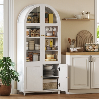 HOMCOM Arched Kitchen Pantry Cabinet, 71" Tall Farmhouse Kitchen Storage Cabinet with Acrylic Glass Doors, White