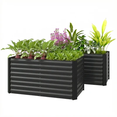 Outsunny Set of 2 Galvanized Metal Planters for Outdoor Plants, 4' x 2' x 2' Raised Garden Bed, Black