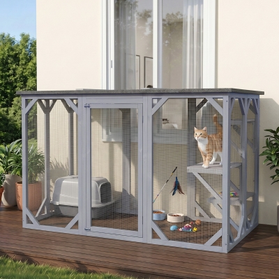 PawHut 44.1" H Cat Cage, Indoor Outdoor Wooden Enclosure Pet House, Small Animal Cage Hutch, Suitable for Rabbit, Dogs, Kitten, Crate Kennel with Waterproof Roof, Multi-Level Platforms, Lock, Grey