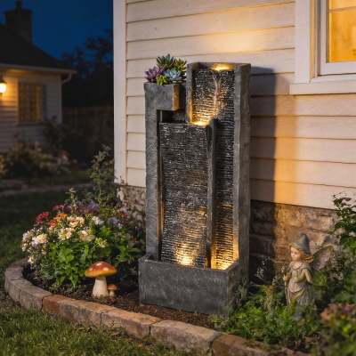 Outsunny Outdoor Water Fountain with LED Lights and Planter, 3-Tier Modern Cascading Waterfall Feature with Pump, Dark Grey