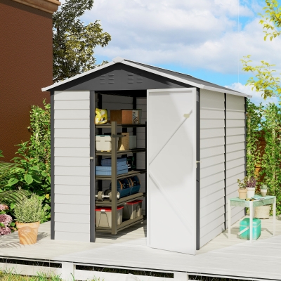 Outsunny 9' x 6' Garden Shed, Outdoor Storage Patio Shed w/ Sloped Roof, Lockable Door for Patio Lawn, Dark Grey