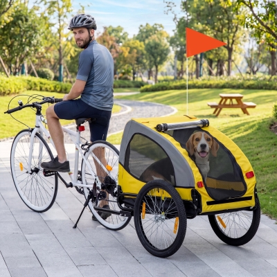 Aosom Dog Bike Trailer with Hitch Coupler, Quick Release Wheels, Reflectors, Flag for Medium Dogs, Yellow