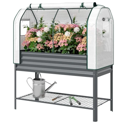 Outsunny Galvanised Raised Garden Bed with Greenhouse Cover, Metal Elevated Planter Box with Bed Liner, Bottom Shelf, Dark Grey