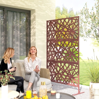 Outsunny Metal Outdoor Privacy Screen, Freestanding Outdoor Divider with Stand, 78" x 48", Dark Brown