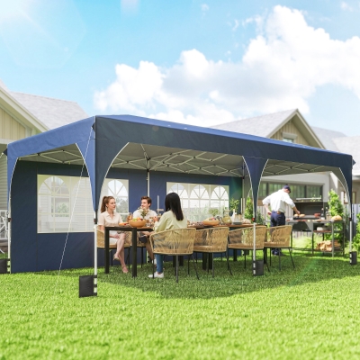 Outsunny 10 x 20 ft Pop Up Canopy Tent with Reflective Strips, UPF 50+ Easy up Instant Canopy with 6 Sandbags, Dark Blue