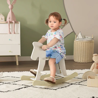 Qaba Wooden Rocking Horse Ride-On Toy for Kids 1-3 Years, White