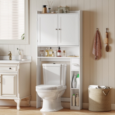 HOMCOM Modern Over the Toilet Storage Cabinet with 2 Doors, Above Commode Storage Cabinet with Toilet Paper Holder, White