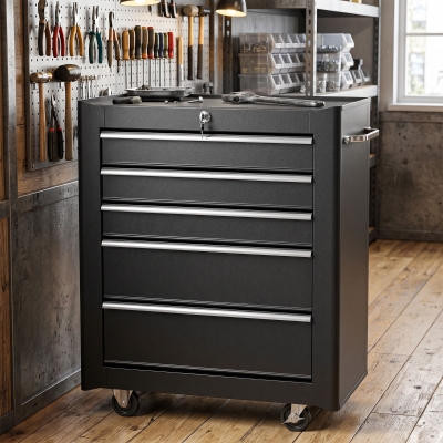 HOMCOM 5-Drawer Rolling Tool Cabinet on Wheels, Lockable Tool Chest, Tool Organizer for Garage, Factory and Workshop, Black