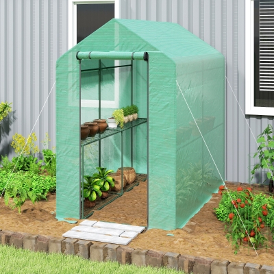 Outsunny Walk-in Greenhouse Outdoor Portable Plant Flower Growth Warm House with Roll-up Door, 73" x 47" x 75", Green