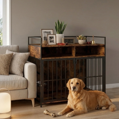 PawHut Dog Crate Furniture with Rotating Feeding Station Dog Kennel End Table Storage Shelves, Rustic Brown