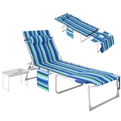 Outsunny Tanning Chair with Face Hole and Side Table, Folding Outdoor Lounge Chair with Carry Straps, Side Pocket, Blue Stripe