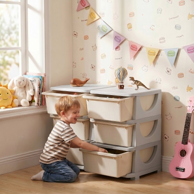 Qaba 3 Tier Kids Toy Organizer and Storage Bins with 6 Plastic Drawers, Cream White