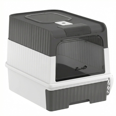 PawHut Hooded Cat Litter Box with Drawer Pan, Gray