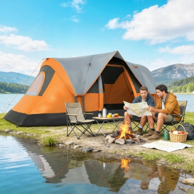 Outsunny 5 Person Family Tent, Outdoor Camping Tent with Lighting Hook, Carrying Bag for Camping, Hiking and Travelling, Orange