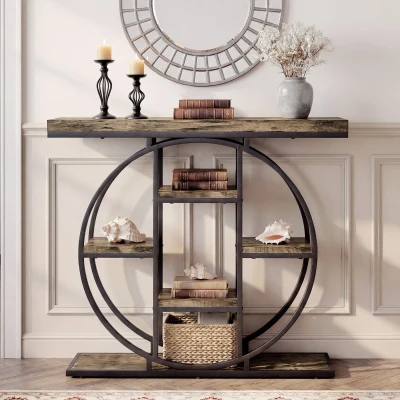 HOMCOM 39.4" Industrial Console Table with Storage, Rustic Brown