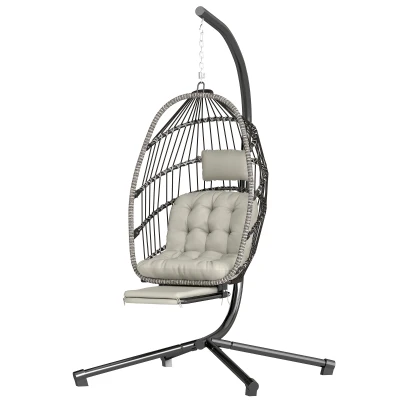Outsunny Outdoor Hanging Egg Chair with Retractable Footrest Swing Chair with Metal Stand Light Grey