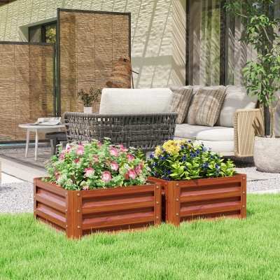 Outsunny Galvanized Raised Garden Beds, Outdoor Planter Box, Set of 2, for Flowers, Herbs and Vegetables, Dark Brown Wood Effect