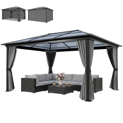 Outsunny 12' x 15' Hardtop Gazebo Canopy with Polycarbonate Roof, Aluminum Frame, Netting, Curtains and Ceiling Hook, Dark Grey