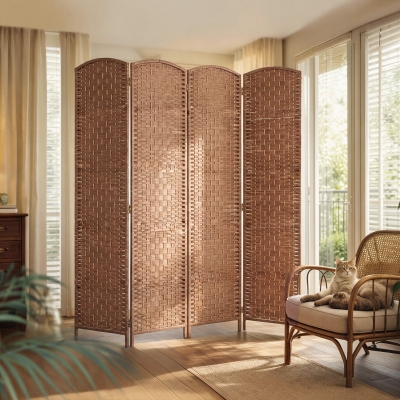 HOMCOM 6ft Folding Room Divider, 4 Panel Wall Partition with Wooden Frame for Bedroom, Home Office, Natural
