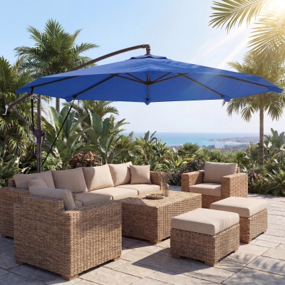 Outsunny 10FT Cantilever Patio Umbrella with 8 Ribs, Offset Patio Umbrella with Cover and Wind Ropes for Garden, Yard, Navy Blue