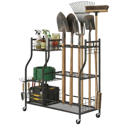 Outsunny Garden Tool Organizer for Garage, 3-Tier Yard Tool Storage Rack with 32 Slots, 4 Wheels and 11 Hooks