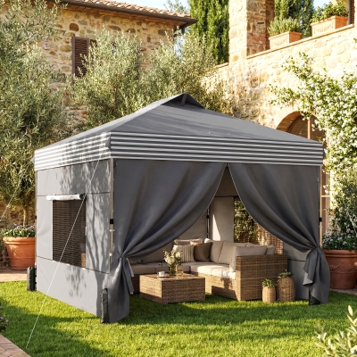 Outsunny 10 x 10 ft Pop Up Canopy Tent with 4 Sidewalls, UPF 50+ 1-Button Push Outdoor Instant Canopy with Wheeled Bag, Dark Grey