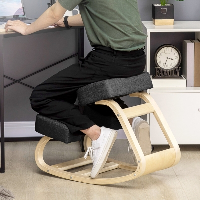 HOMCOM Ergonomic Kneeling Chair, Wood Kneel Stool with Thick Pads, Desk Knee Chair, Improve Posture, Black