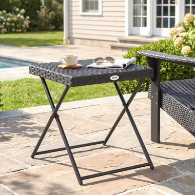 Outsunny Patio Wicker Coffee Table, Outdoor PE Rattan Garden Folding Side Table, 15.75"x15.75"x15.75", Black