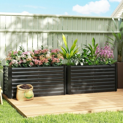 Outsunny Set of 2 Galvanized Metal Planters for Outdoor Plants, 4' x 2' x 2' Raised Garden Bed, Black