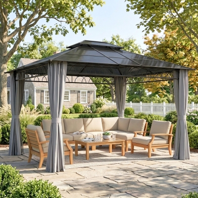 Outsunny 10' x 12' Outdoor Hardtop Gazebo Canopy w/ Double PC Roof, Steel Frame, Nettings, Curtains for Garden Lawn Deck, Grey