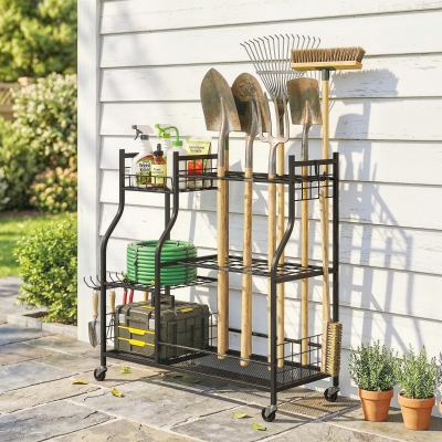 Outsunny Garden Tool Organizer for Garage, 3-Tier Yard Tool Storage Rack with 32 Slots, 4 Wheels and 11 Hooks