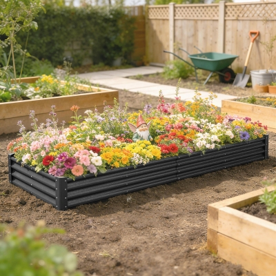 Outsunny 12 x 4 x 1ft Galvanized Raised Garden Bed, Reinforced Outdoor Planter Box with Open Bottom, Dark Grey